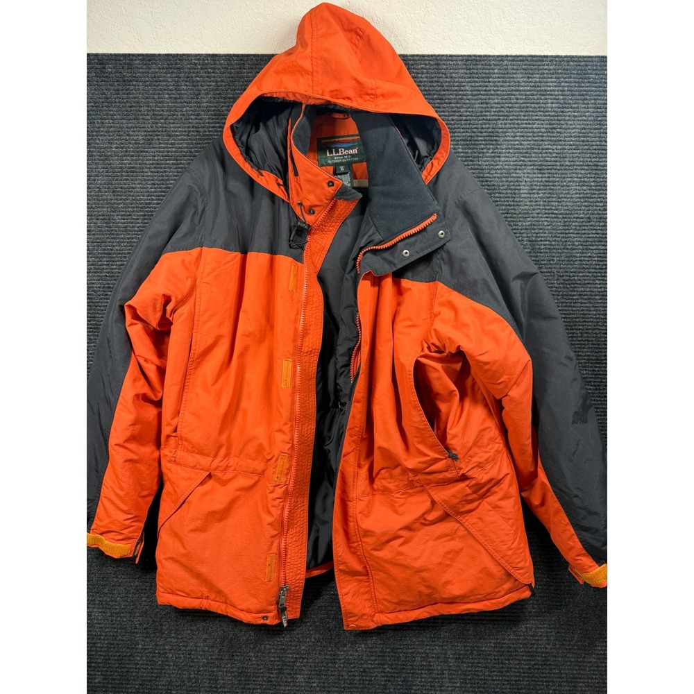 LL Bean Mens XL Regular Orange Charcoal Grey Insulated Hooded Parka Jacket UK64